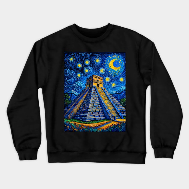 Chichen Itza in Starry Night Crewneck Sweatshirt by FUN GOGH